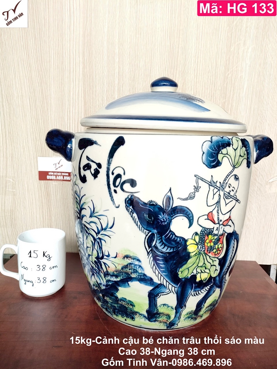 Hũ gạo tài lộc men trắng, mã HG133, 15 ký, kg, cảnh cậu bé chăn trâu thổi sáo, hoa văn xanh tràm màu, khạp đựng gạo giá rẻ, cao 38 ngang 38 cm, gốm sứ bát tràng tinh vân