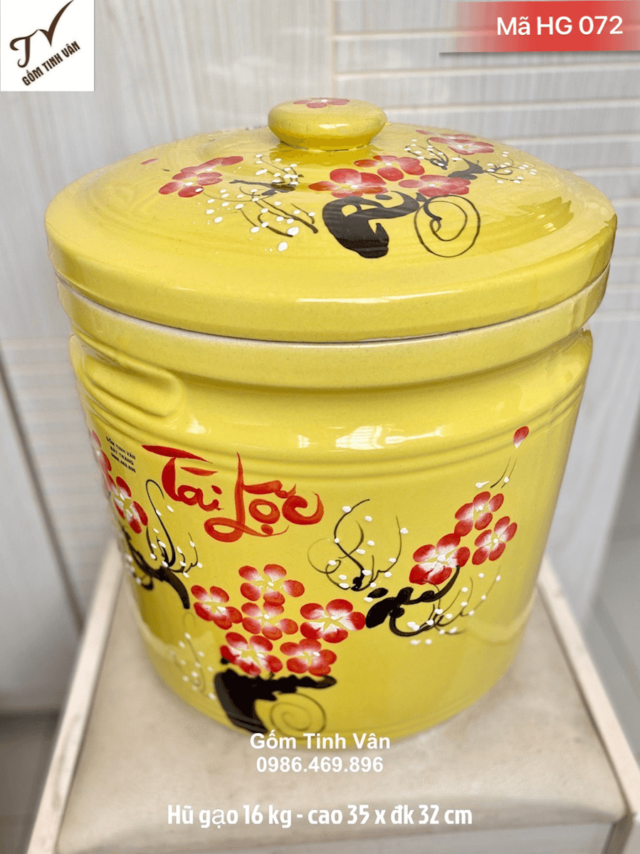 Hũ gạo tài lộc men vàng hoa đào đỏ, mã HG072, cao 35 đk 32 cm, đựng 16 kg, hũ gạo phong thuỷ, đựng gạo ngon, sạch sẽ, không ẩm mốc, mối mọt, gốm bát tràng cao cấp
