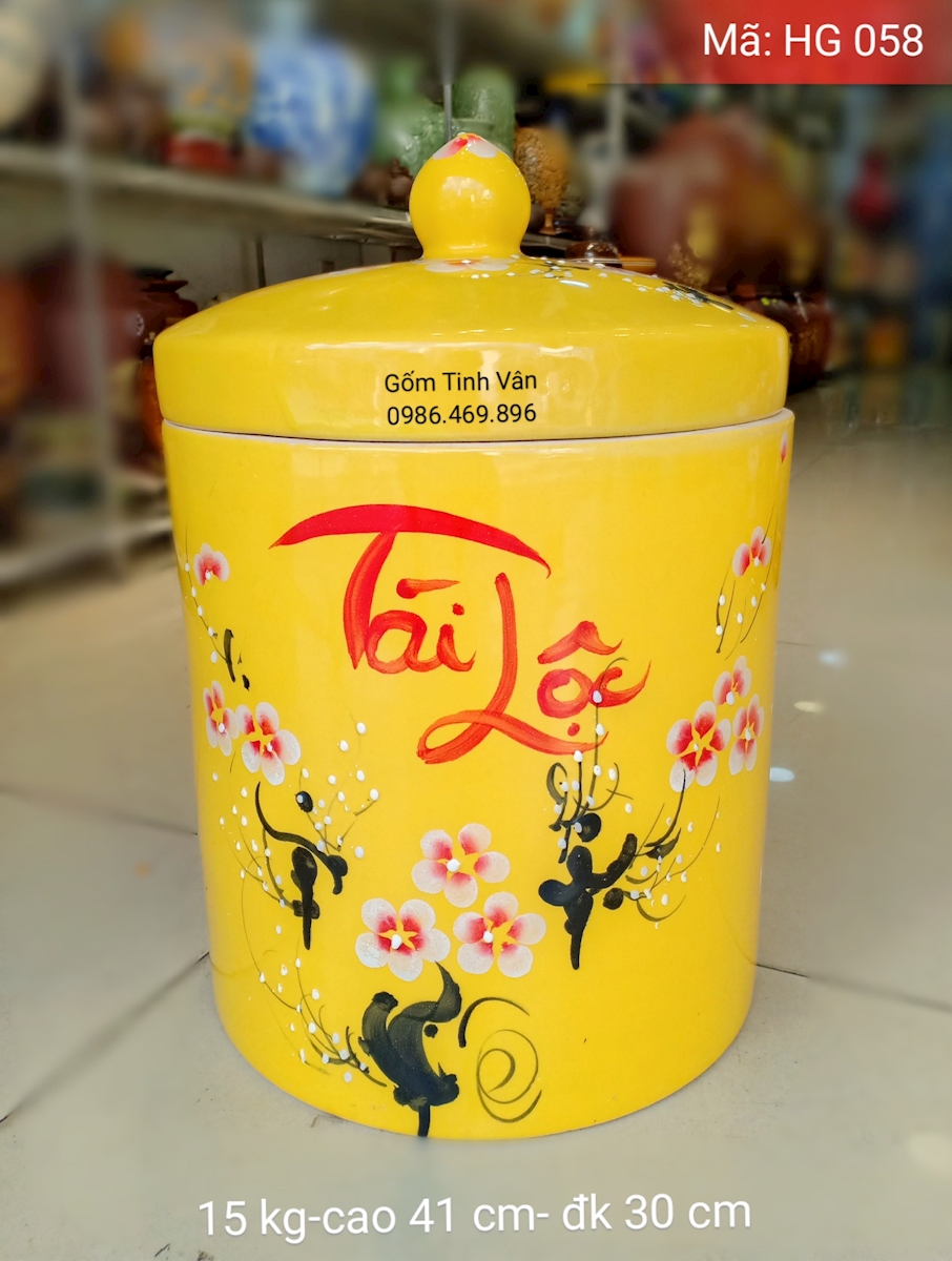 Hũ gạo tài lộc men vàng, mã hg 058, 15kg, hoàng kim, hoa đào, cao 41 cm dk 30 cm, gốm bát tràng, tinh vân