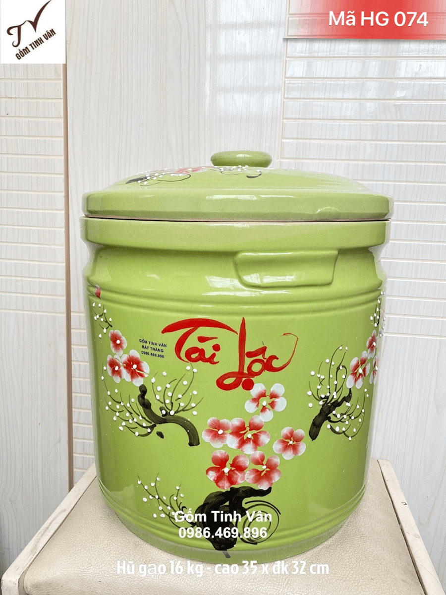 Hũ gạo tài lộc men xanh cốm hoa đào trắng, mã HG074, cao 35 đk 32 cm, đựng 16 kg, hũ gạo phong thuỷ, đựng gạo ngon, sạch sẽ, không ẩm mốc, mối mọt, gốm bát tràng cao cấp