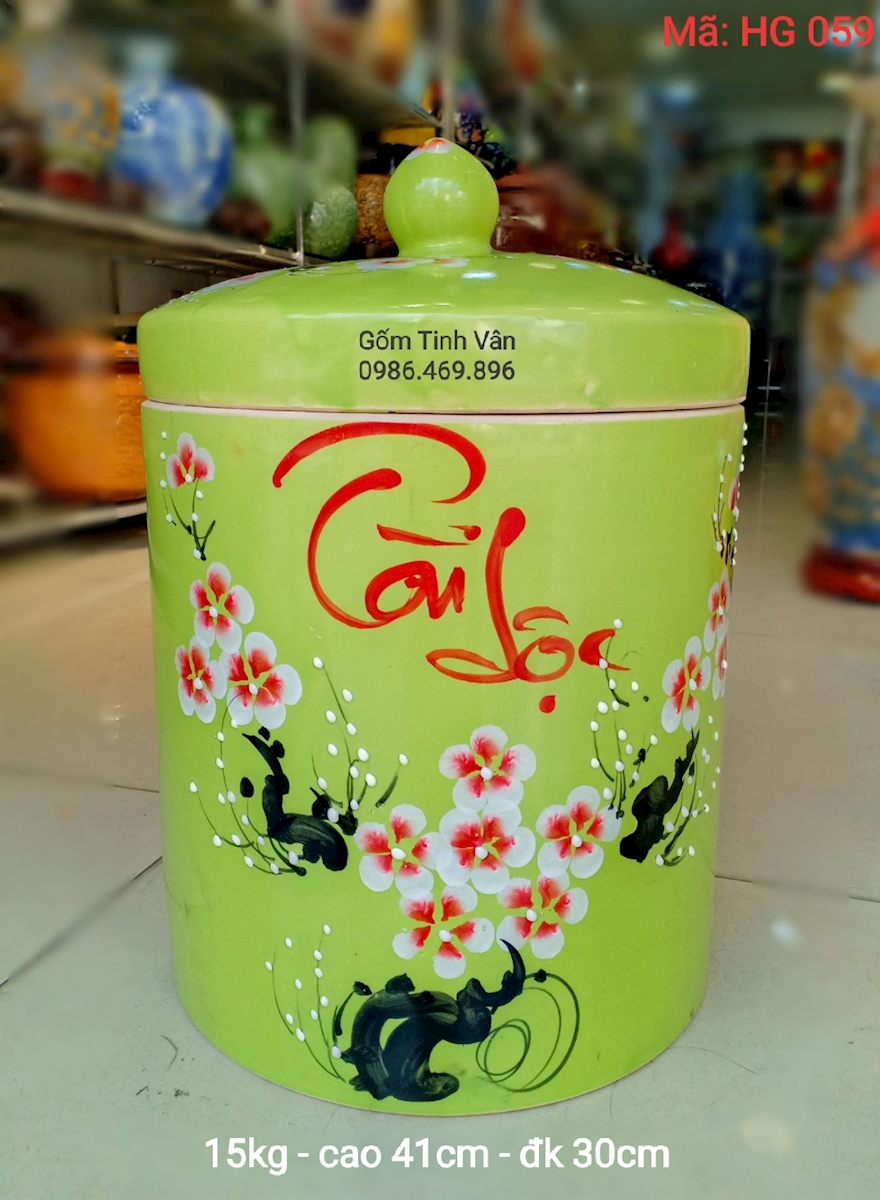 Hũ gạo tài lộc men xanh cốm, mã hg 059, 15kg, vẽ hoa đào, cao 41 cm đk 30 cm, gốm bát tràng, tinh vân