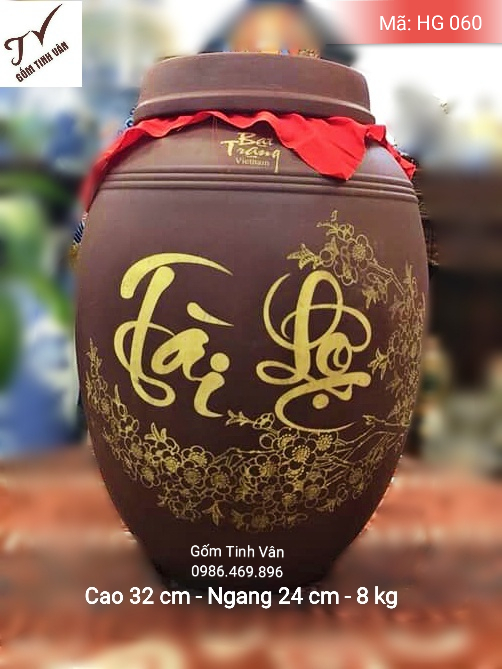 Hũ gạo tài lộc, mã HG060, chum sành đựng gạo, ko men, bình gạo phong thủy, gốm tử sa, cao 32 cm, ngang 24 cm, đựng 8kg, gốm bát tràng, tinh vân