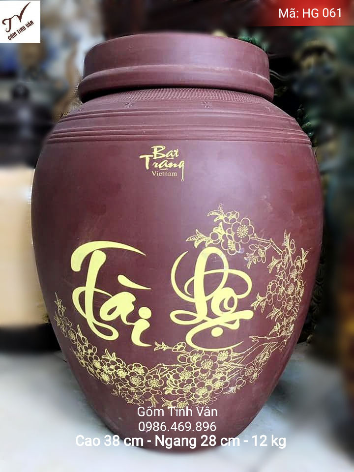 Hũ gạo tài lộc, mã HG061, chum sành đựng gạo, ko men, bình gạo phong thủy, gốm tử sa, cao 38 cm, ngang 28 cm, đựng 12 kg, gốm bát tràng, tinh vân