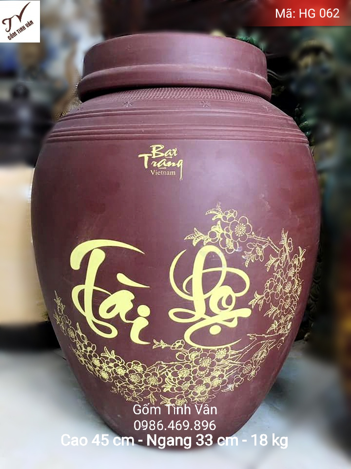 Hũ gạo tài lộc, mã HG062, chum sành đựng gạo, ko men, bình gạo phong thủy, gốm tử sa, cao 45 cm, ngang 33 cm, đựng 18 kg, gốm bát tràng, tinh vân