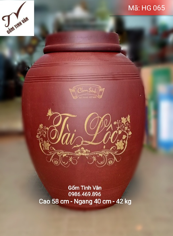 Hũ gạo tài lộc, mã HG065, chum sành đựng gạo, ko men, bình gạo phong thủy, gốm tử sa, cao 58 cm, ngang 40 cm, đựng 42 kg, gốm bát tràng, tinh vân