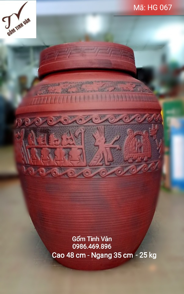 Hũ gạo tài lộc, trống đồng âu lạc, chạm khắc nổi, mã HG067, chum sành đựng gạo, ko men, bình gạo phong thủy, gốm tử sa, cao 48 cm, ngang 35 cm, đựng 25 kg, gốm bát tràng, tinh vân