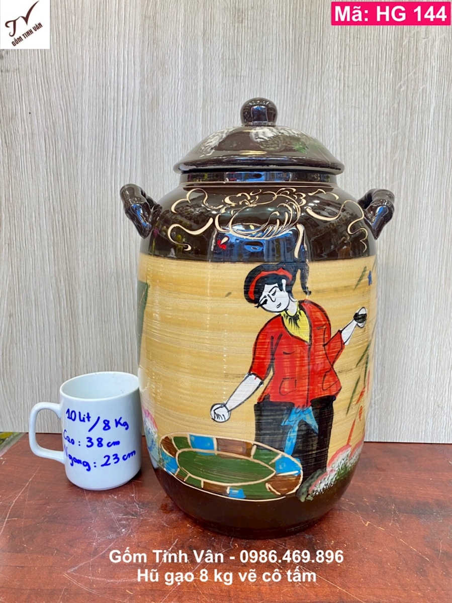 Hũ gạo 8 kg, mã HG144, men nâu vàng vẽ cô tấm, lu sành đựng gạo, gốm bát tràng tinh vân