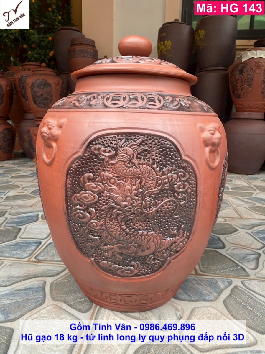 Hũ gạo gốm tử sa đắp nổi 18 kg, mã HG143, đắp nổi hoa văn tứ linh long ly quy phụng, gốm bát tràng tinh vân