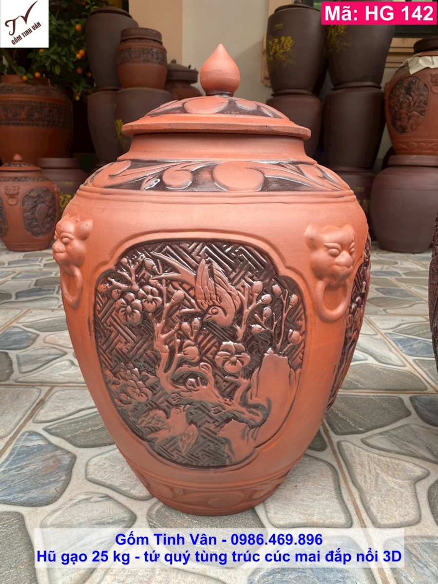 Hũ gạo gốm tử sa đắp nổi 25 kg, mã HG142, đắp nổi hoa văn tứ quý tùng trúc cúc mai, gốm bát tràng tinh vân