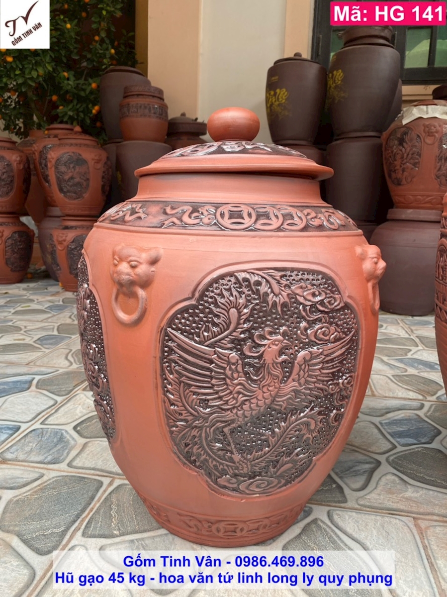 Hũ gạo gốm tử sa đắp nổi 45 kg, mã HG141, đắp nổi hoa văn tứ linh long ly quy phụng, gốm bát tràng tinh vân