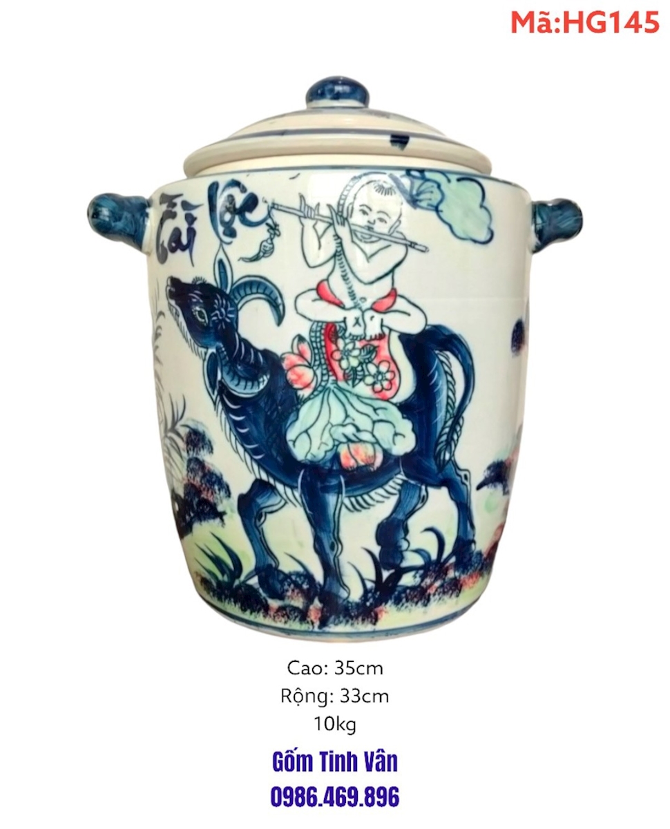 Hũ gạo phong thuỷ, tài lộc,mã HG145,men trắng vẽ hoa văn,10kg, lu khạp đựng gạo,gốm bát tràng tinh vân