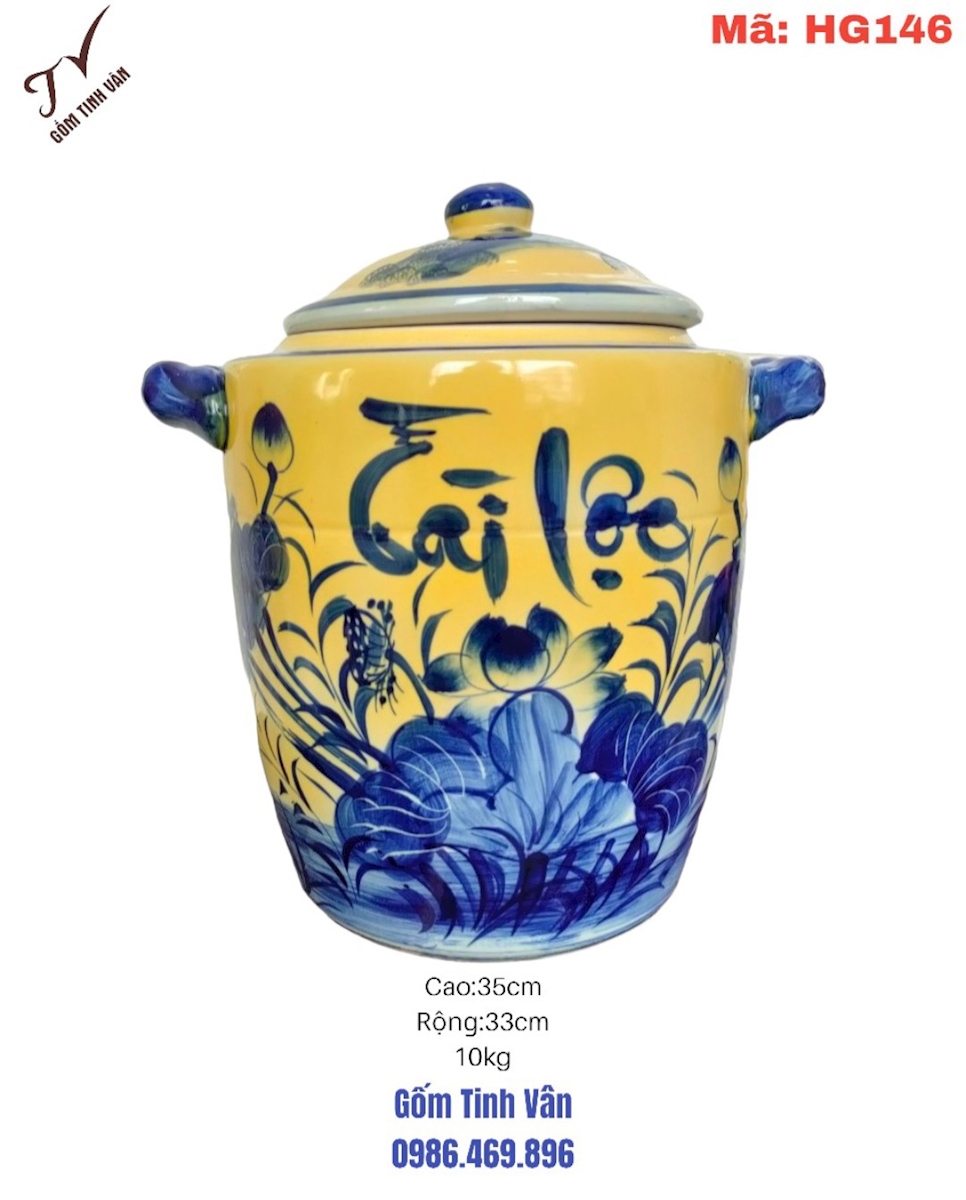 Hũ gạo phong thuỷ, tài lộc,mã HG146,men vàng vẽ hoa sen,10kg, lu khạp đựng gạo,gốm bát tràng tinh vân