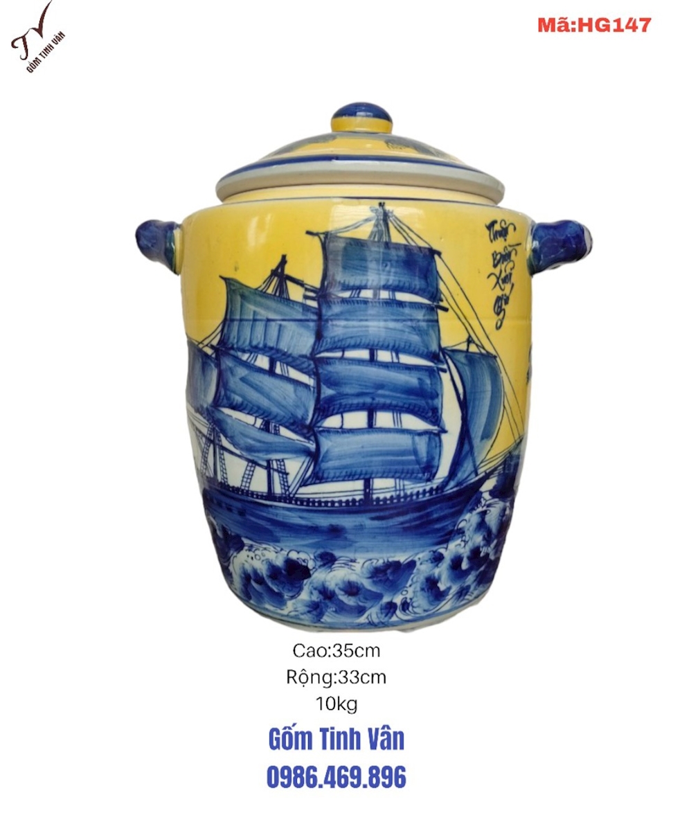 Hũ gạo phong thuỷ, tài lộc,mã HG147,men vàng vẽ cảnh thuận buồm xuôi gió,10kg, lu khạp đựng gạo,gốm bát tràng tinh vân