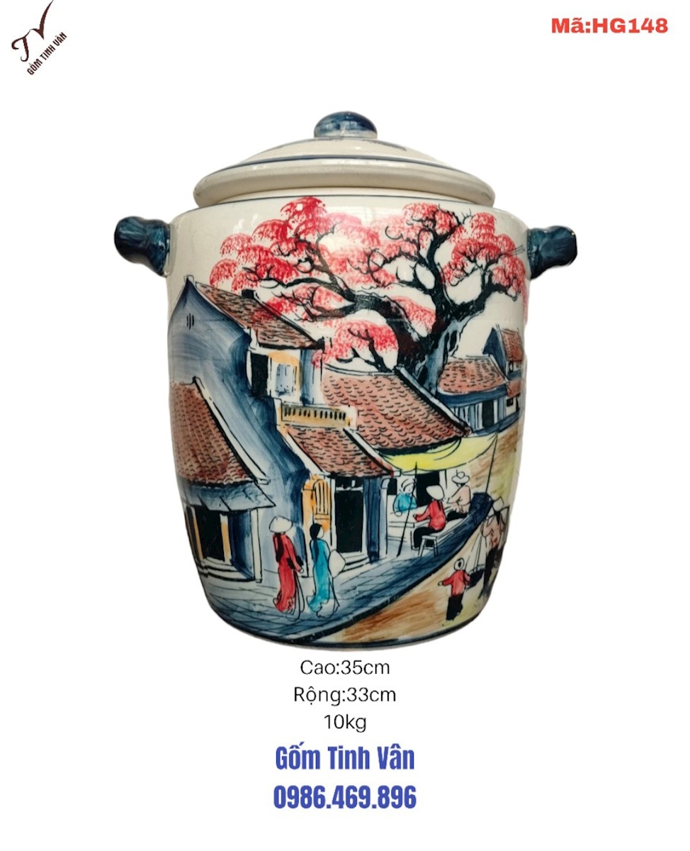 Hũ gạo phong thuỷ, tài lộc,mã HG148,men trắng vẽ cảnh phố cổ ,10kg, lu khạp đựng gạo,gốm bát tràng tinh vân
