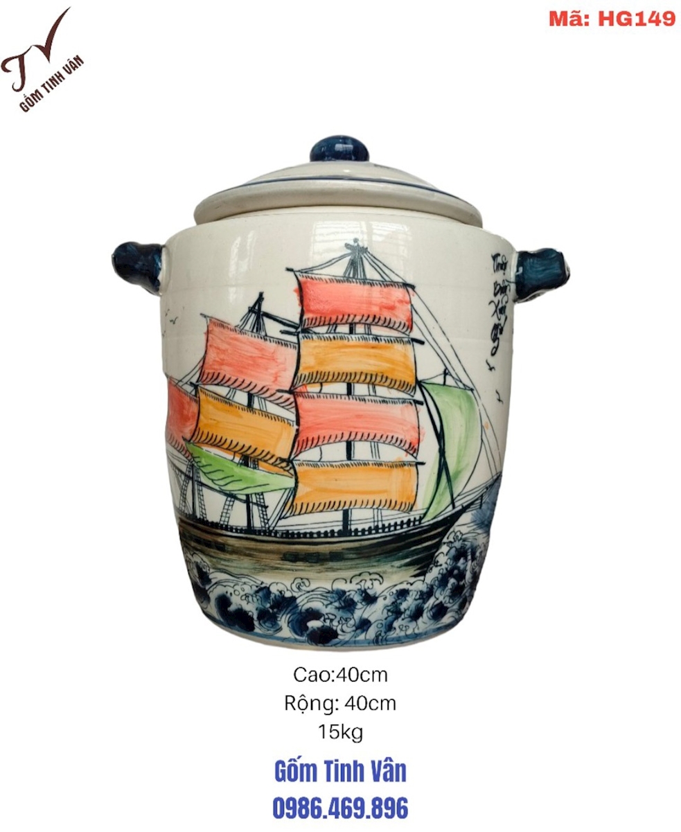 Hũ gạo phong thuỷ, tài lộc,mã HG149,men trắng vẽ thuận buồm xuôi gió,15kg, lu khạp đựng gạo,gốm bát tràng tinh vân