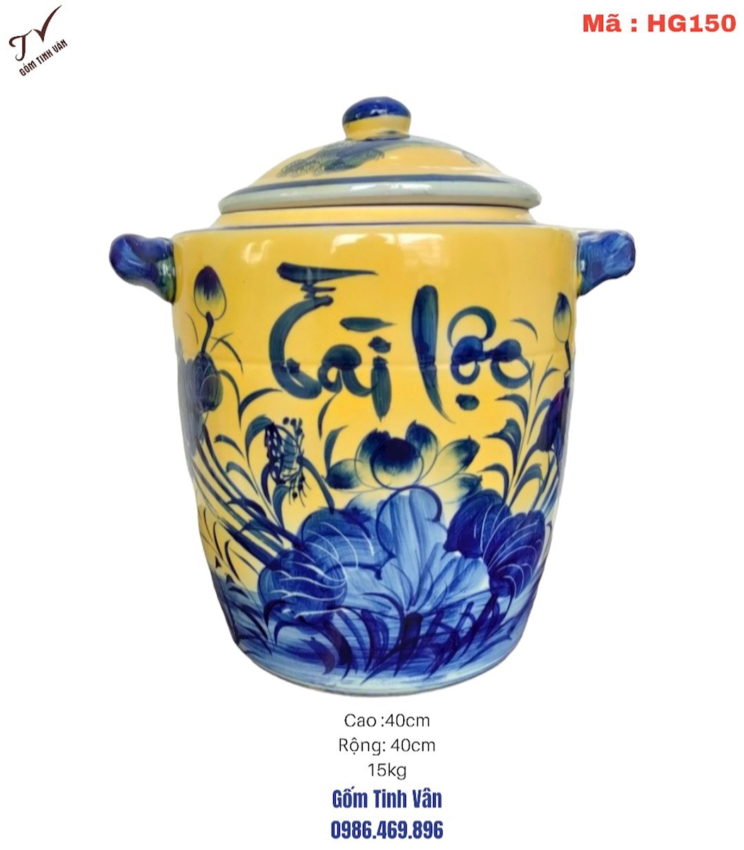 Hũ gạo phong thuỷ, tài lộc,mã HG150,men vàng Tài Lộc hoa sen,15kg, lu khạp đựng gạo,gốm bát tràng tinh vân
