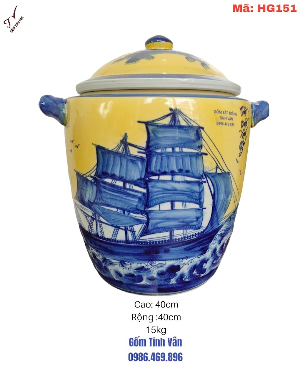 Hũ gạo phong thuỷ, tài lộc,mã HG151,men vàng vẽ cảnh thuận buồm xuôi gió,15kg, lu khạp đựng gạo,gốm bát tràng tinh vân