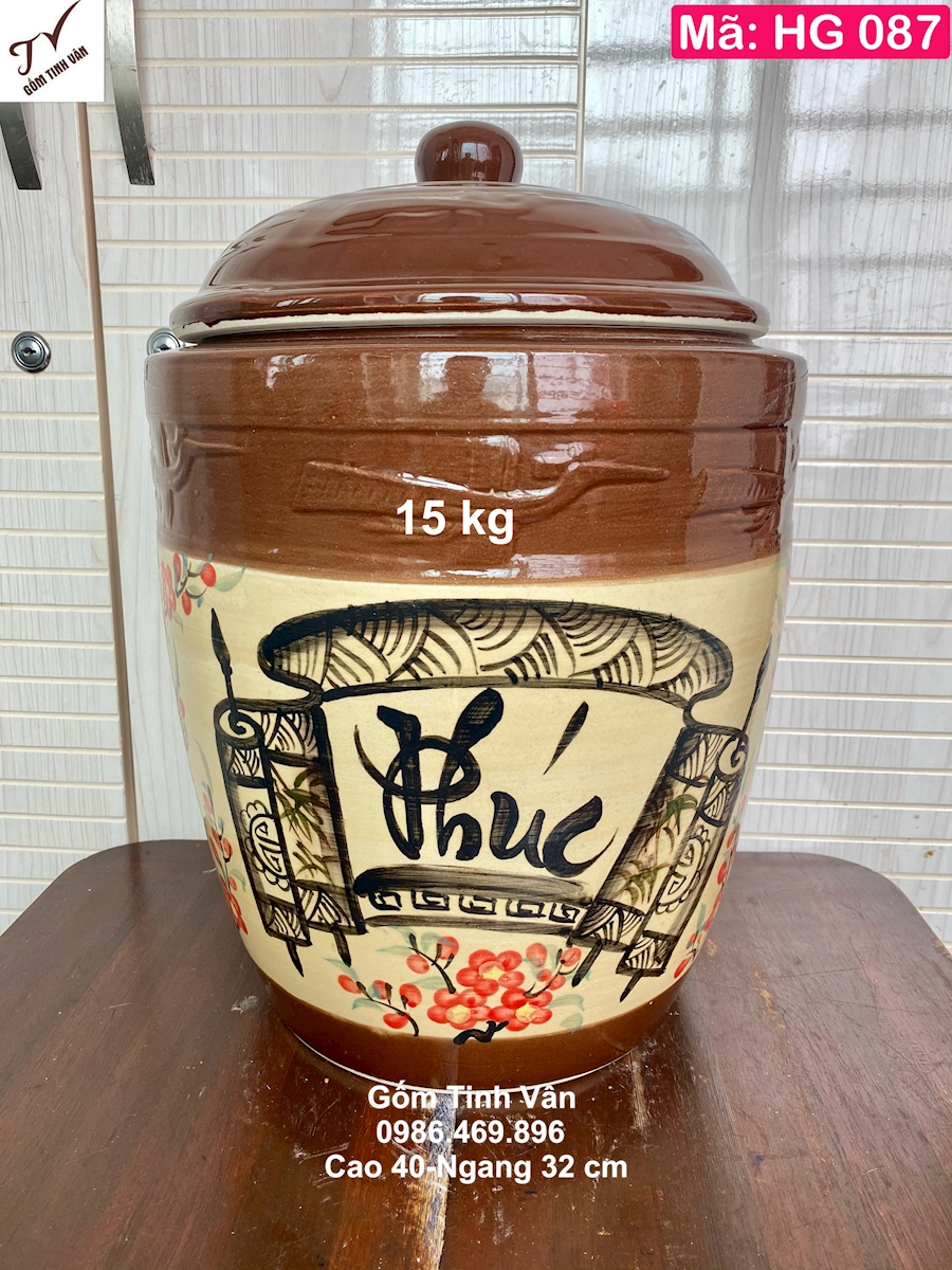 Hũ gạo tài lộc 15 kg, mã HG087, men vàng gốm Bát Tràng