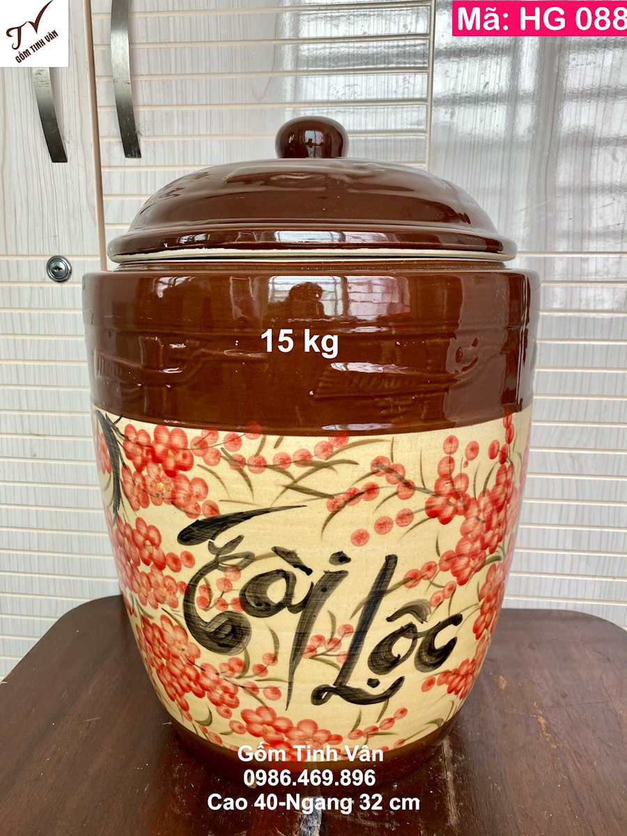 Hũ gạo phong thuỷ 15 kg, mã HG088, men vàng hoa đào đỏ tài lộc