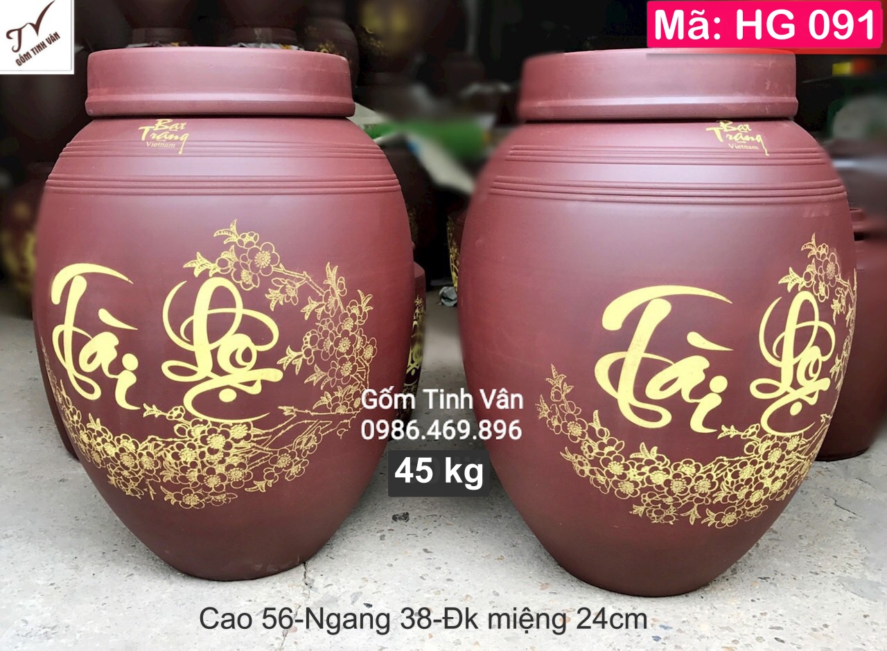 Hũ gạo phong thuỷ tài lộc 45kg, mã HG091, gốm tử sa ko men, hút ẩm, chống mối mọt, dày dặn, cao 56, ngang 38 cm, gốm bát tràng