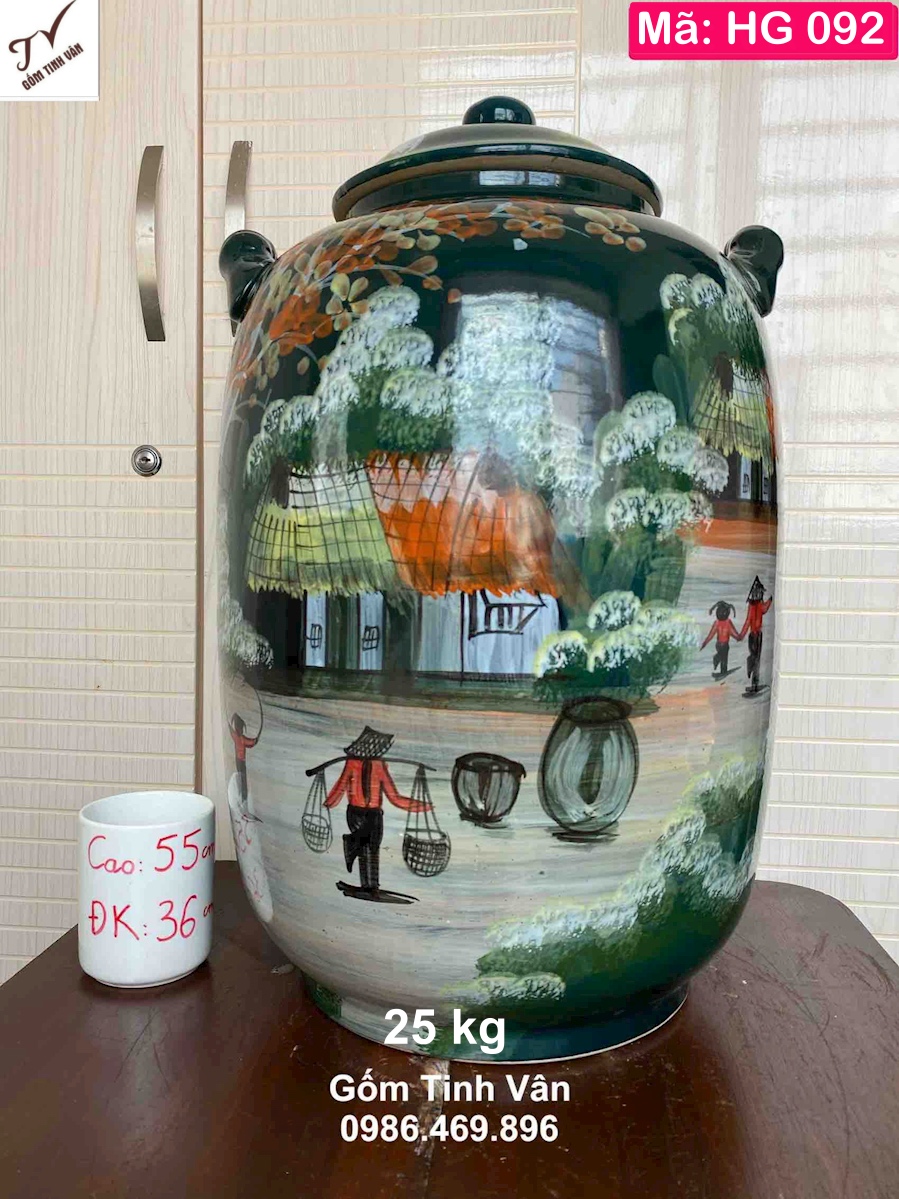 Hũ gạo phong thuỷ tài lộc 25kg, mã HG092, xanh lục bảo, vẽ tay cảnh làng quê, cao 55 ngang 36 cm, giữ nguyên độ tươi ngon của gạo, chống mối mọt, chống ẩm mốc
