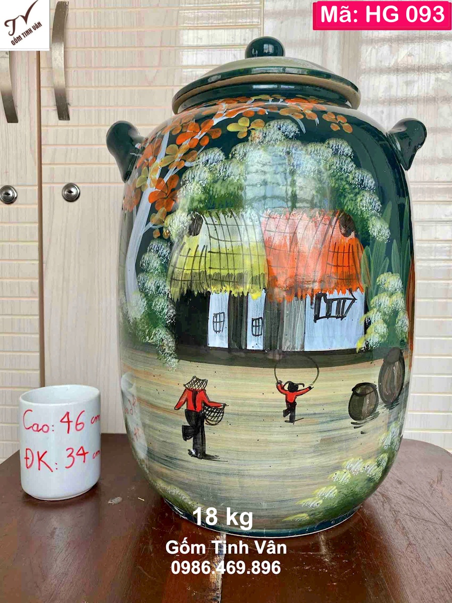 Hũ gạo phong thuỷ tài lộc 18 kg, mã HG093,xanh lục bảo, vẽ tay cảnh làng quê, cao 46 ngang 34 cm, giữ nguyên độ tươi ngon của gạo, chống mối mọt, chống ẩm mốc, gốm sứ bát tràng tinh vân cao cấp