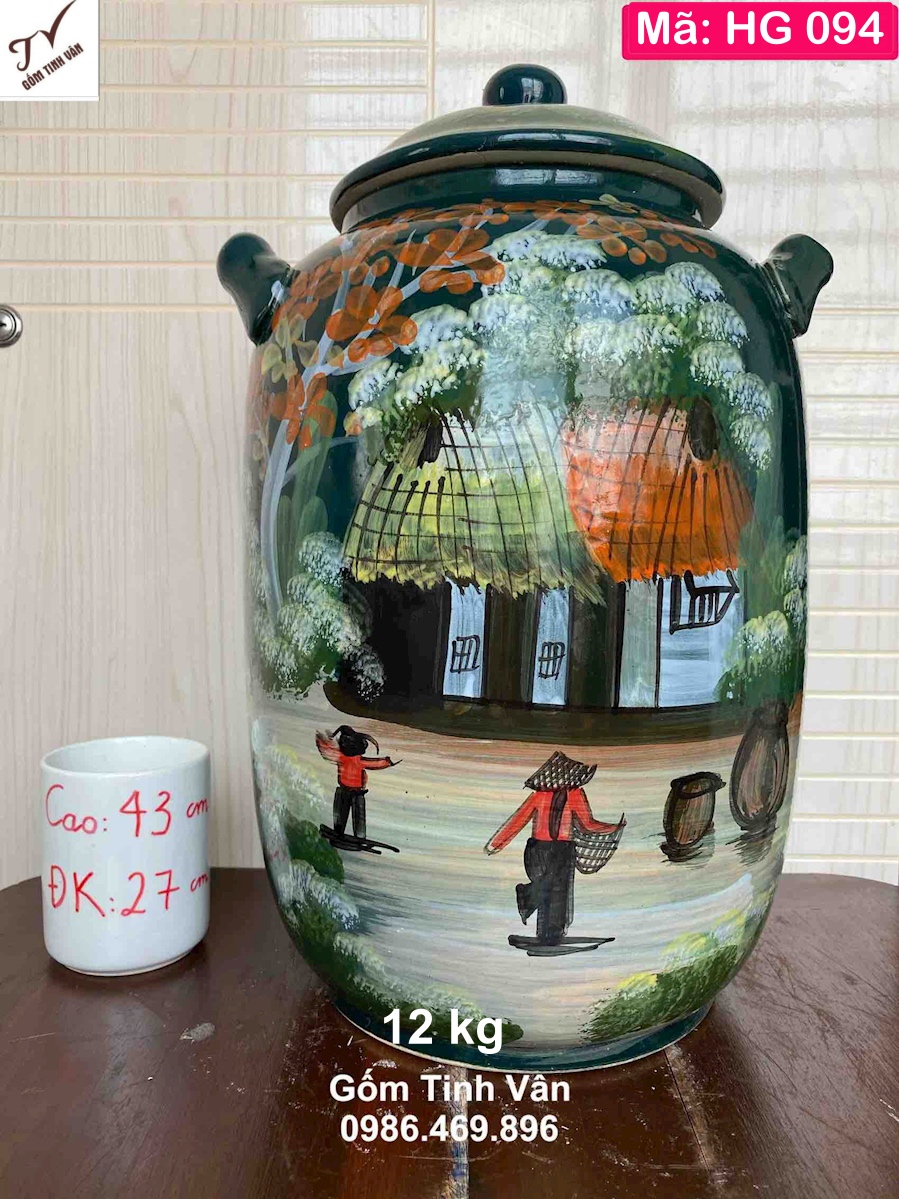 Hũ gạo phong thuỷ tài lộc 12 kg, mã HG094,xanh lục bảo, vẽ tay cảnh làng quê, cao 43 ngang 27 cm, giữ nguyên độ tươi ngon của gạo, chống mối mọt, chống ẩm mốc, gốm sứ bát tràng tinh vân cao cấp
