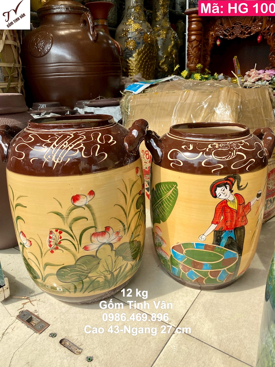 Hũ gạo 12 kg, mã HG100, men nâu vàng hoàng thổ, lu gạo phong thuỷ tài lộc, gốm bát tràng tinh vân cao cấp, cao 43 ngang 27 cm