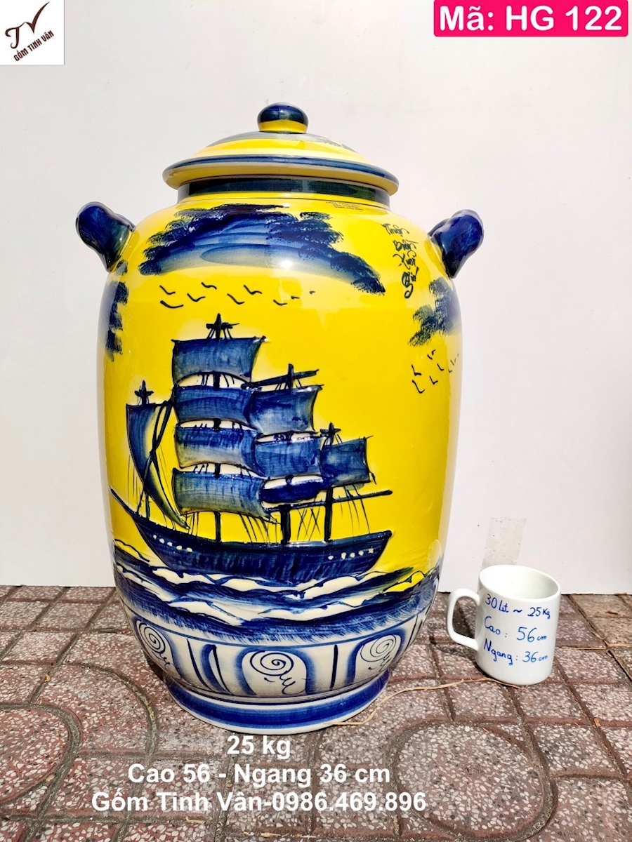 hu dung gao tai loc phong thuy 25 kg, ma HG122, mau vang hoa van thuan buom xuoi gio dap noi 3D, gom su bat trang, tinh van