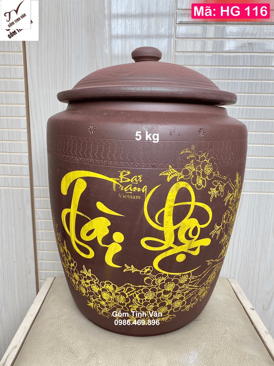Hũ gạo muối tài lộc phong thủy, mã HG116, gốm tử sa không men, đựng 5 kg muối, gạo, cao 25 ngang 22 cm, gốm sứ bát tràng Tinh Vân, bền đẹp, dày dặn, hút ẩm, giữ khô gạo, làm mát gạo