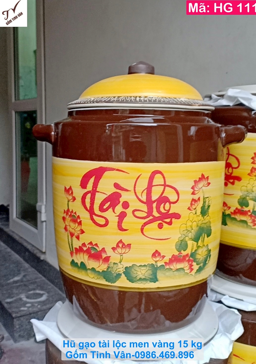 Hũ gạo men vàng tài lộc 15 kg, mã HG111, hoa sen vẽ tay thủ công, chum đựng gạo phong thuỷ, gốm Bát Tràng Tinh Vân