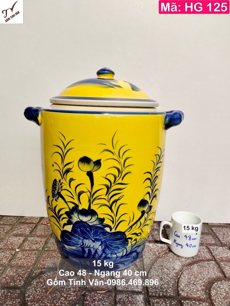 hu gao tai loc phong thuy 20 kg, ma HG15, ve tay ca chep hoa sen, mau vang, co 2 quai xach, gom su bat trang tinh van, chong moi mot, chong am moc, lu khap dung gao dep gia re