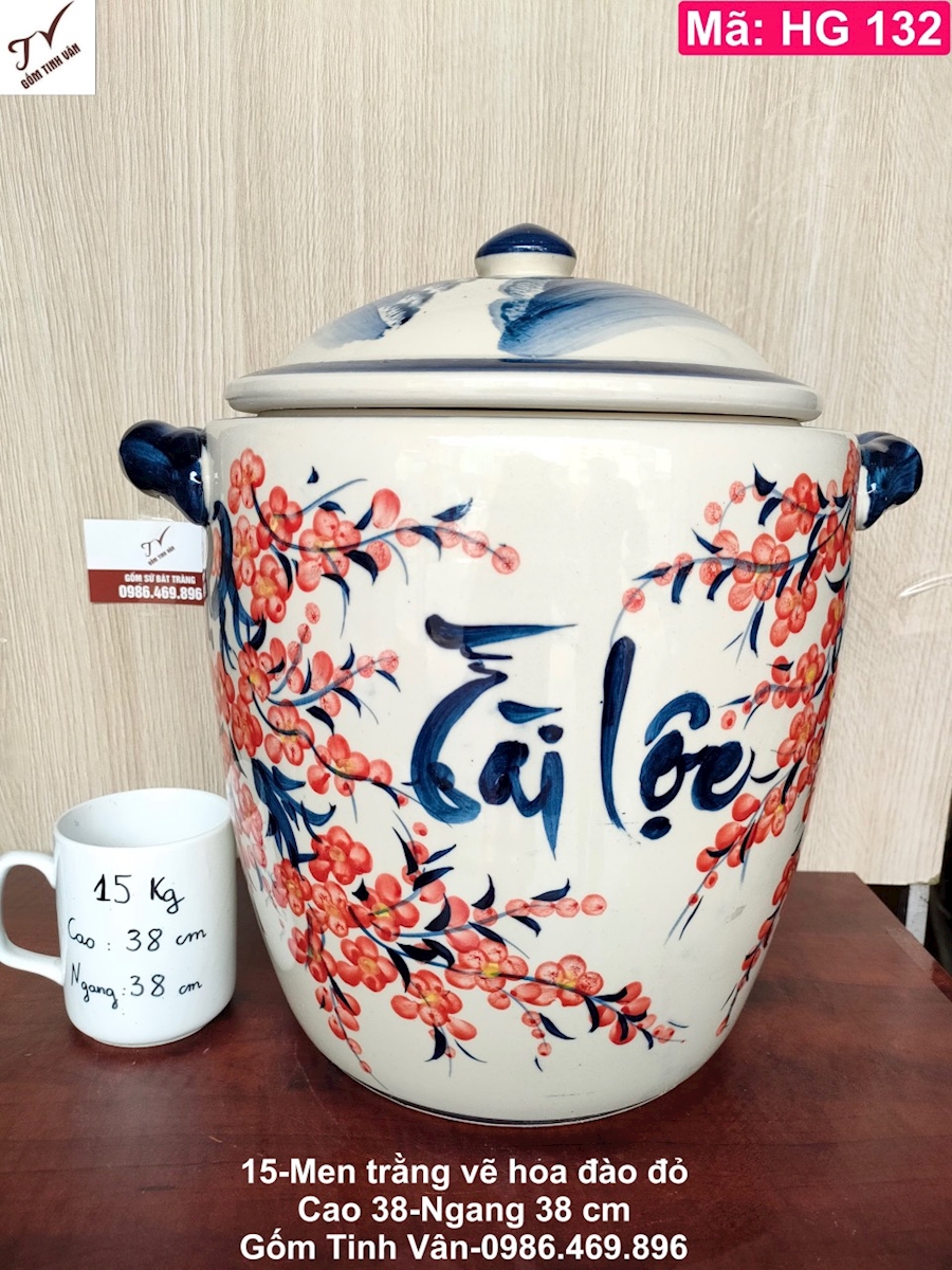 hu gao tai loc phong thuy, ma hg132, men trang hoa dao do, khap sanh, lu dung gao 15 ky, kg, cao 38 ngang 38 cm, gom su bat trang tinh van