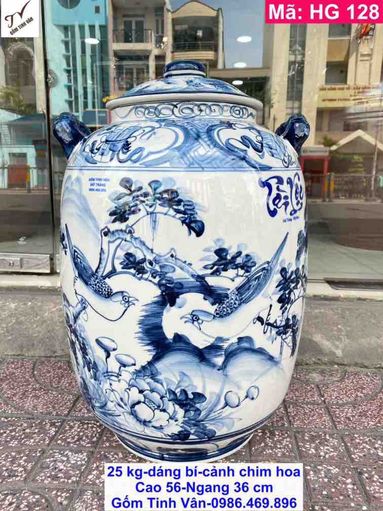 Hũ sành đựng gạo 25 kg, lu gốm đựng gạo tài lộc, phong thủy, gốm sứ bát tràng tinh vân, dáng bí trắng vẽ chim hoa xanh lam truyền thống