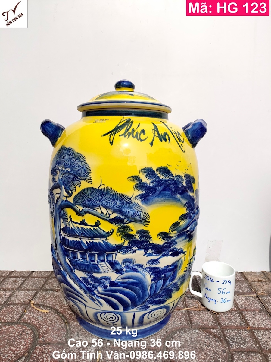 hu sanh dung gao tai loc phong thuy 25 kg, ma HG123, lu khap dung gao, mau vang, hoa van son thuy huu tinh, gom su bat trang tinh van