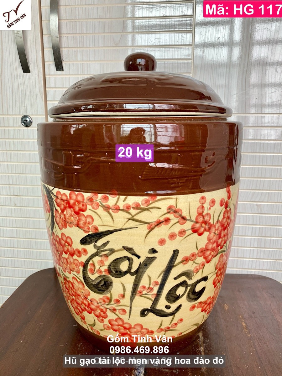 Hũ gạo phong thủy tài lộc, mã HG117, màu vàng hoa đào đỏ, đựng 20 kg gạo, gốm sứ bát tràng Tinh Vân