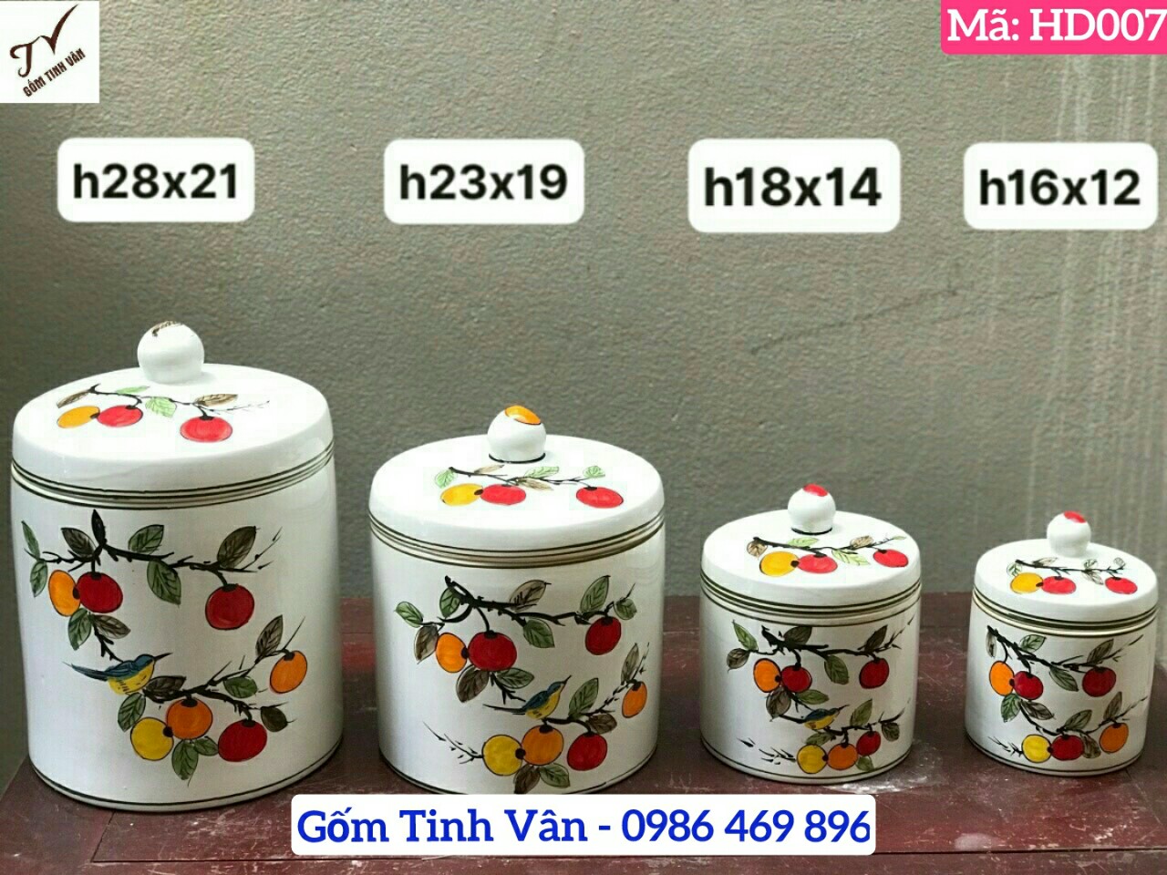 Hũ muối dưa cà, hũ đựng muối gạo, mã HD007, có 5 cỡ cao 32-28-23-18-16 cm, (8-5-4-1.3-0.75 lit) hoa văn vẽ tay cá đàn, trái ớt, dâu, cà chua..., gốm sứ bát tràng tinh vân cao cấp