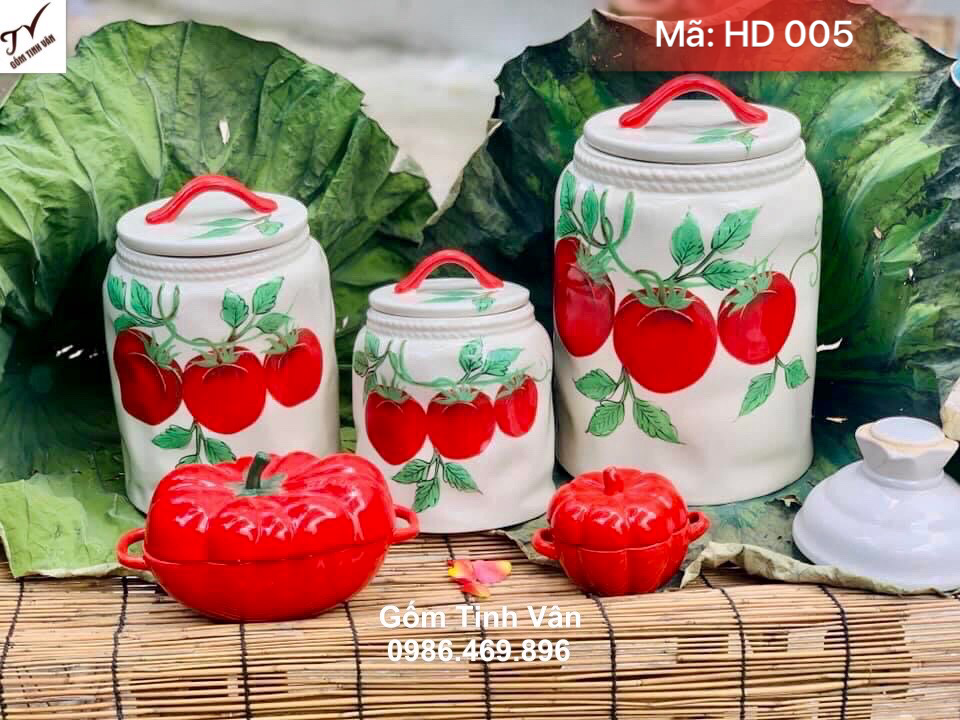 Set 3 hũ dưa cà chua, mã HD005, 2-3-5 kg, men trắng, quả nén, gốm sứ bát tràng tinh vân