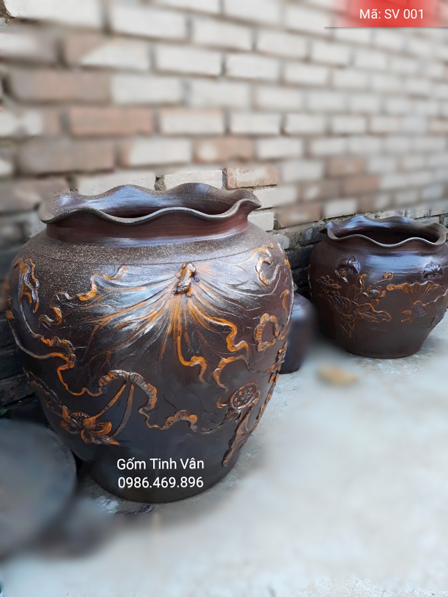 Chậu gốm hoa văn đắp nổi, mã SV001, sành không men, cao 50 cm, gốm bát tràng, tinh vân
