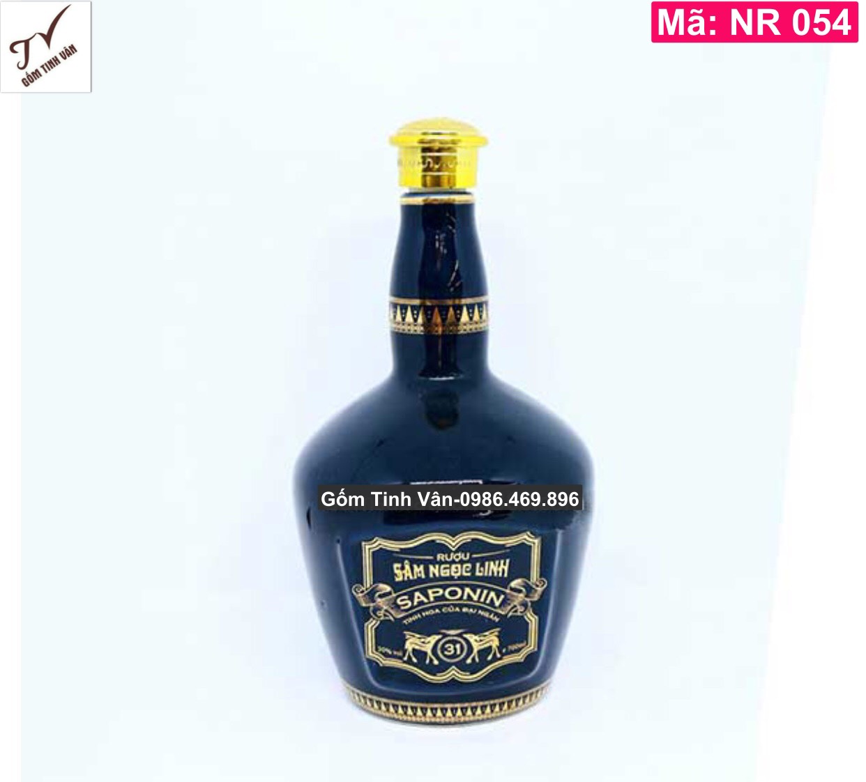 Bình đựng rượu sâm ngọc linh, nậm rượu, mã NR054, dáng chai Chivas, men xanh đen, nắp mạ vàng, hoa văn và logo vàng ánh kim, dung tích 750ml-1 lit, quà tặng sang trọng, chai đựng rượu đẹp, gốm sứ bát tràng tinh vân cao cấp