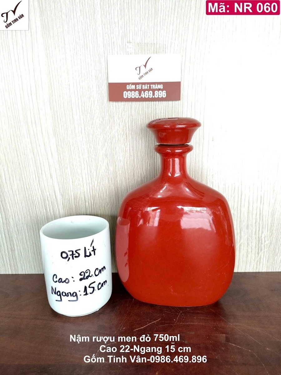Hồ lô rượu 0,75 lit, 750 ml, nậm rượu dáng tròn, bình đựng rượu đẹp, men đỏ, mã NR060, cao 22 ngang 15 cm, gốm sứ bát tràng tinh vân cao cấp