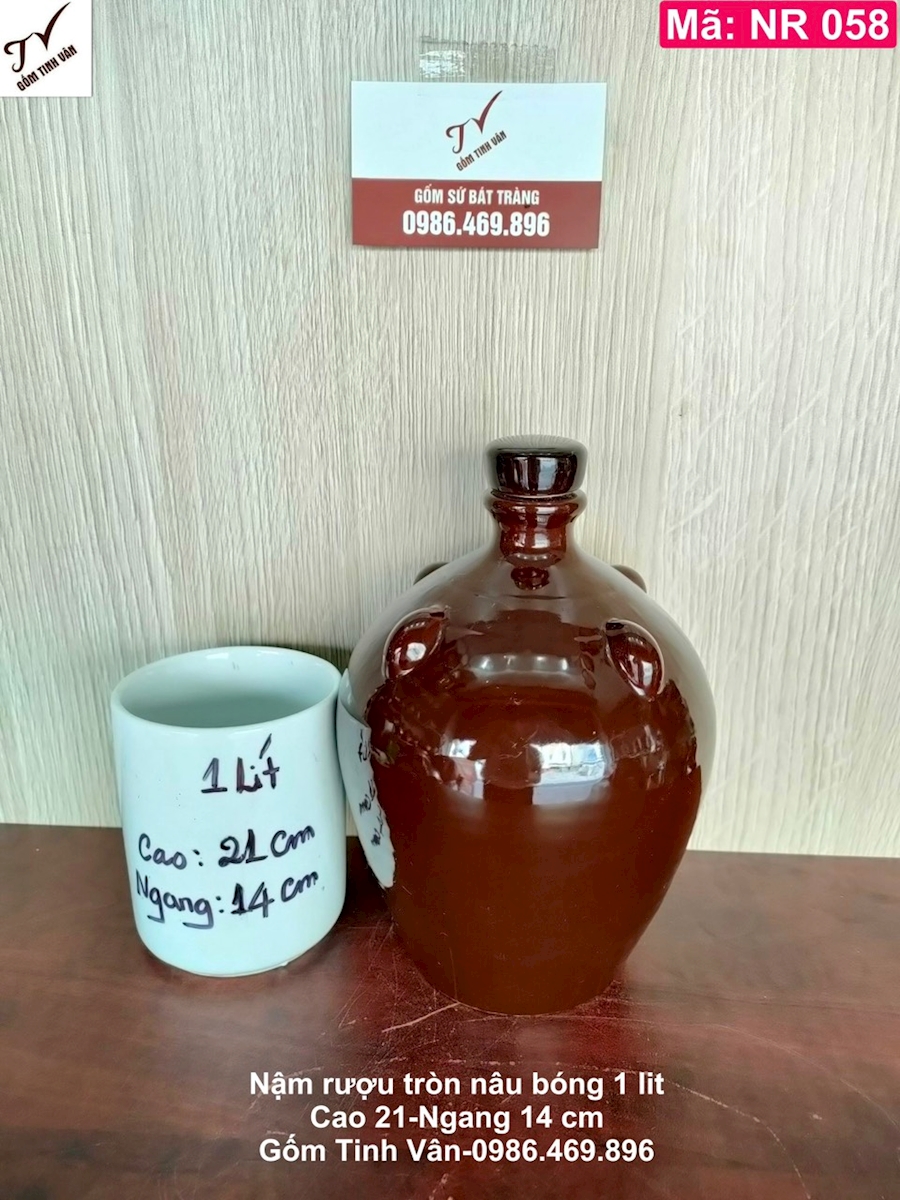 Hồ lô rượu 1 lit, nậm rượu dáng tròn, bình đựng rượu đẹp, men nâu bóng, mã NR058, cao 21 ngang 14 cm, gốm sứ bát tràng tinh vân cao cấp