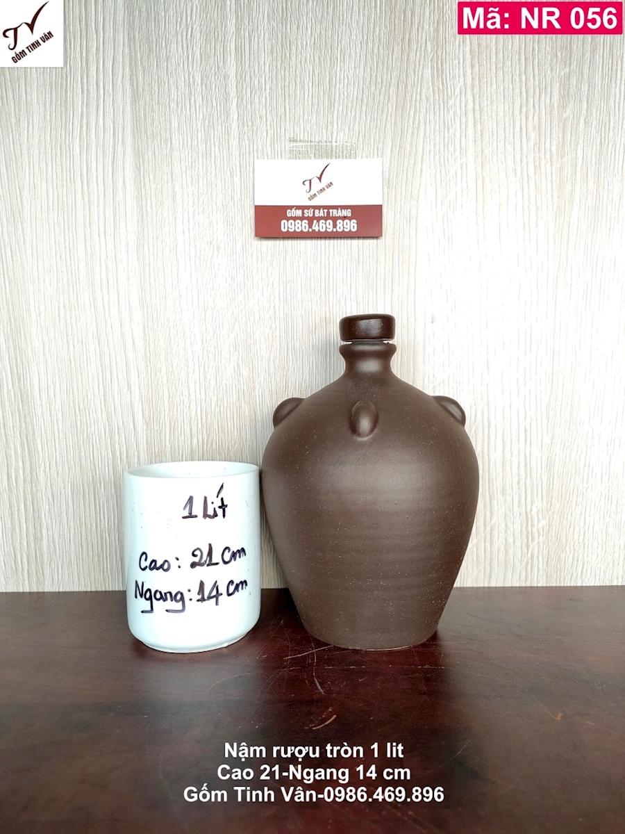 Hồ lô rượu 1 lit, nậm rượu dáng tròn, gốm tử sa nâu đen, ko men khử độc, mã NR056, cao 21 ngang 14 cm, gốm sứ bát tràng tinh vân cao cấp