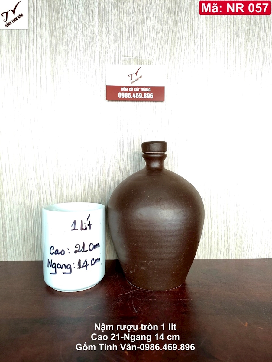 Hồ lô rượu 1 lit, nậm rượu dáng tròn, gốm tử sa nâu đen, ko men khử độc, mã NR057, cao 21 ngang 14 cm, gốm sứ bát tràng tinh vân cao cấp