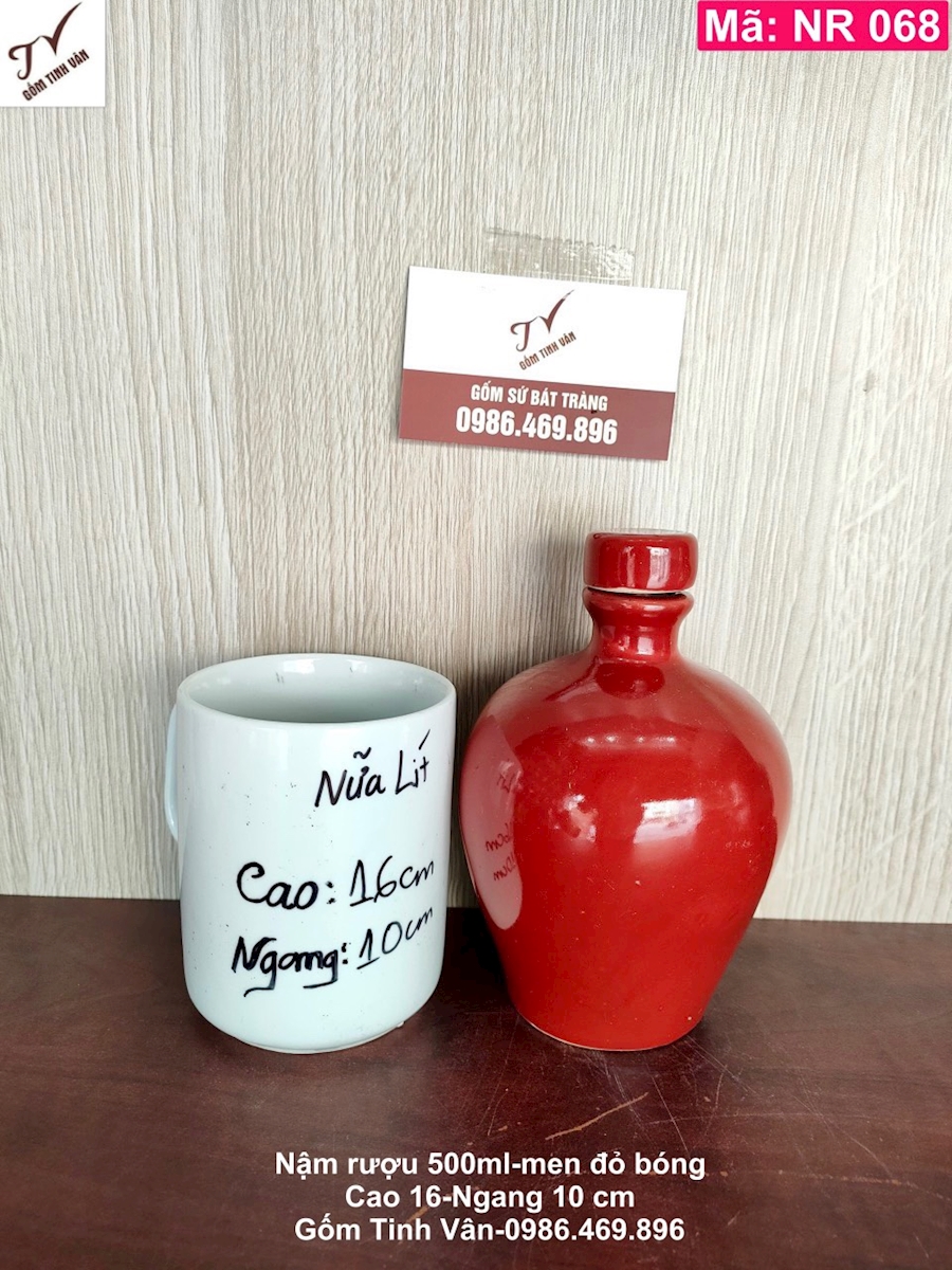 Nậm rượu dáng tròn men đỏ bóng, mã NR068, dung tích 500 ml, 0,5 lit, cao 16 ngang 10 cm, bình rượu đẹp, hồ lô rượu nửa lit, gốm sứ bát tràng tinh vân