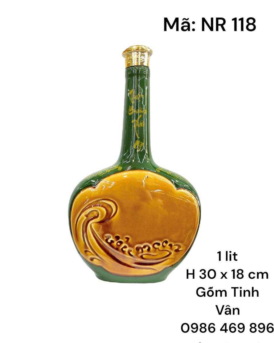 Nậm rượu tráng men xanh mã NR118 khắc cảnh thuận buồm xuôi gió