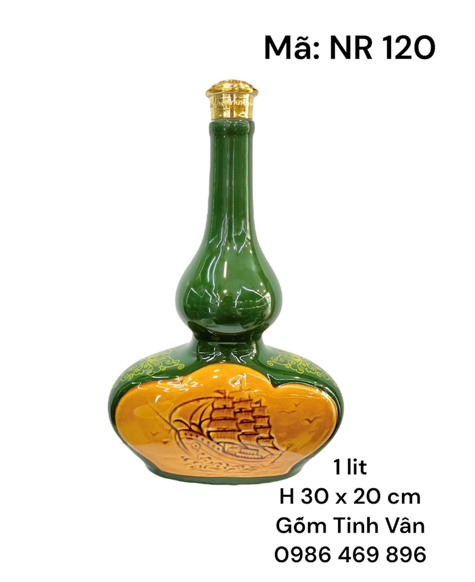 Nậm rượu tráng men xanh mã NR120 dáng hồ lô khắc cảnh thuận buồm xuôi gió