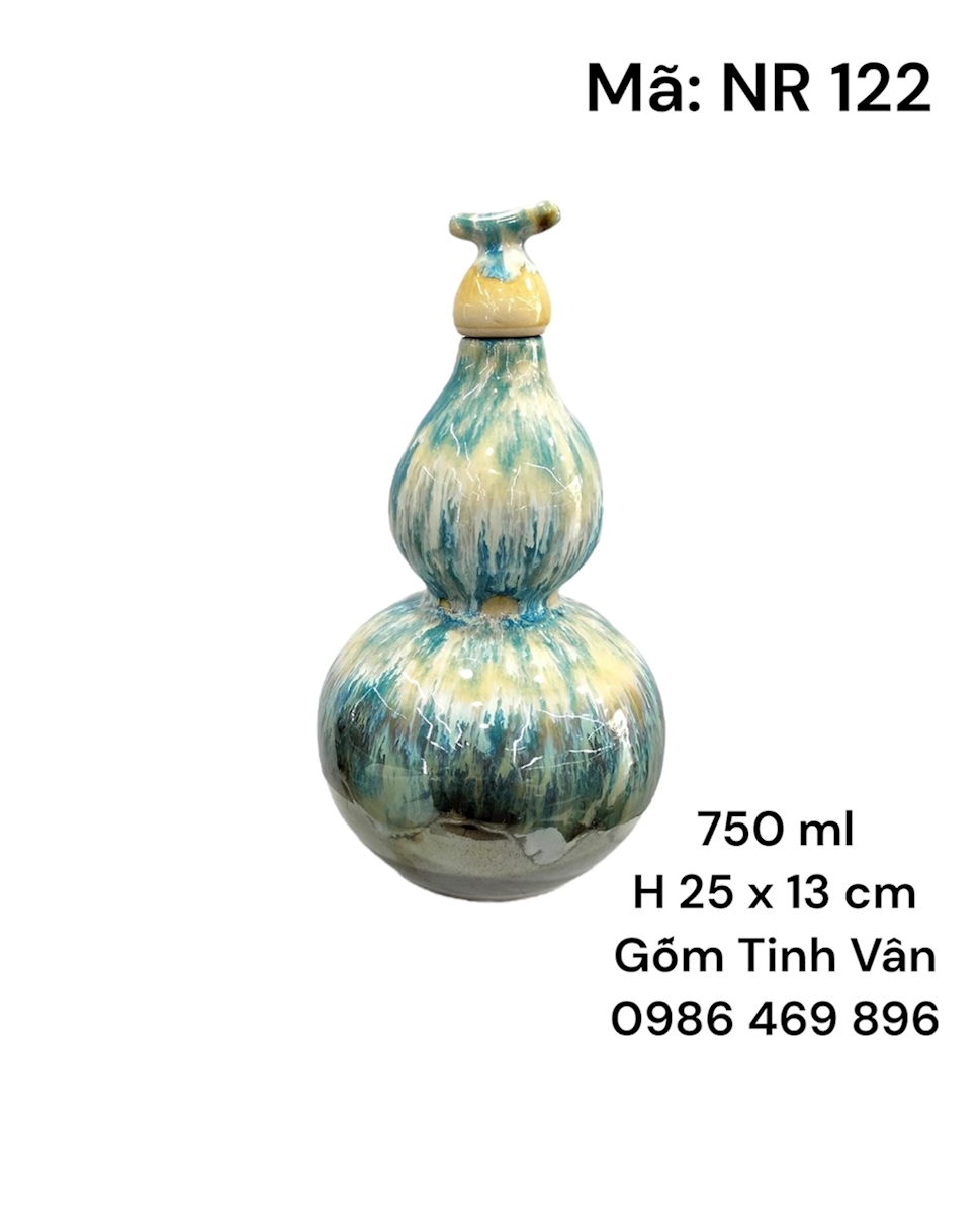 Nậm rượu, men xanh và vàng kem hoả biến mã NR122 dáng hồ lô, 750ml gốm sứ Bát Tràng Tinh Vân