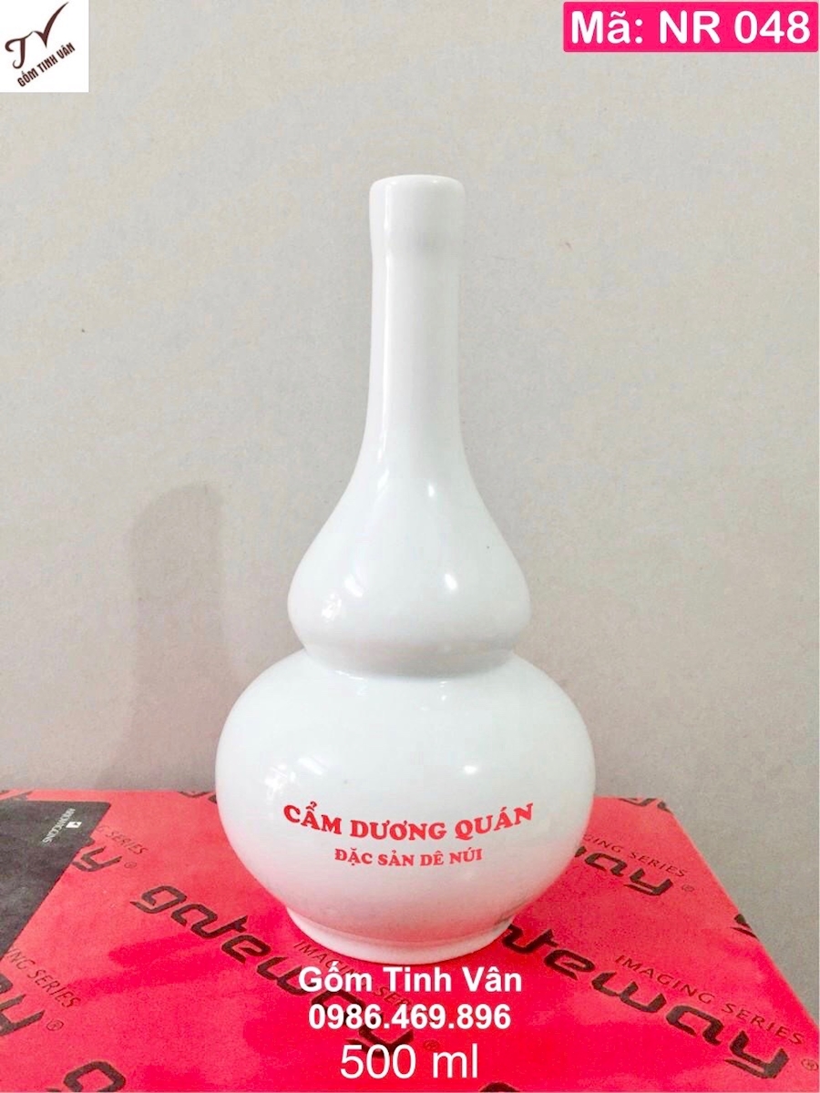 Nậm rượu dáng hồ lô, mã NR 048, men trắng, in logo, tên nhà hàng, tên quán, dung tích 500ml, gốm bát tràng cao cấp, giá báo trên 50 chiếc