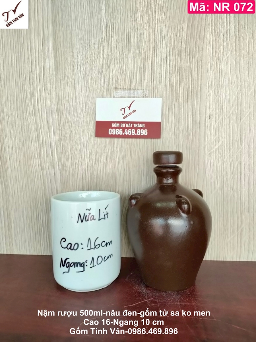 Nậm rượu dáng tròn gốm tử sa nâu đen ko men khử độc, mã NR072, dung tích 500 ml, 0,5 lit, cao 16 ngang 10 cm, bình rượu đẹp, hồ lô rượu nửa lit, gốm sứ bát tràng tinh vân